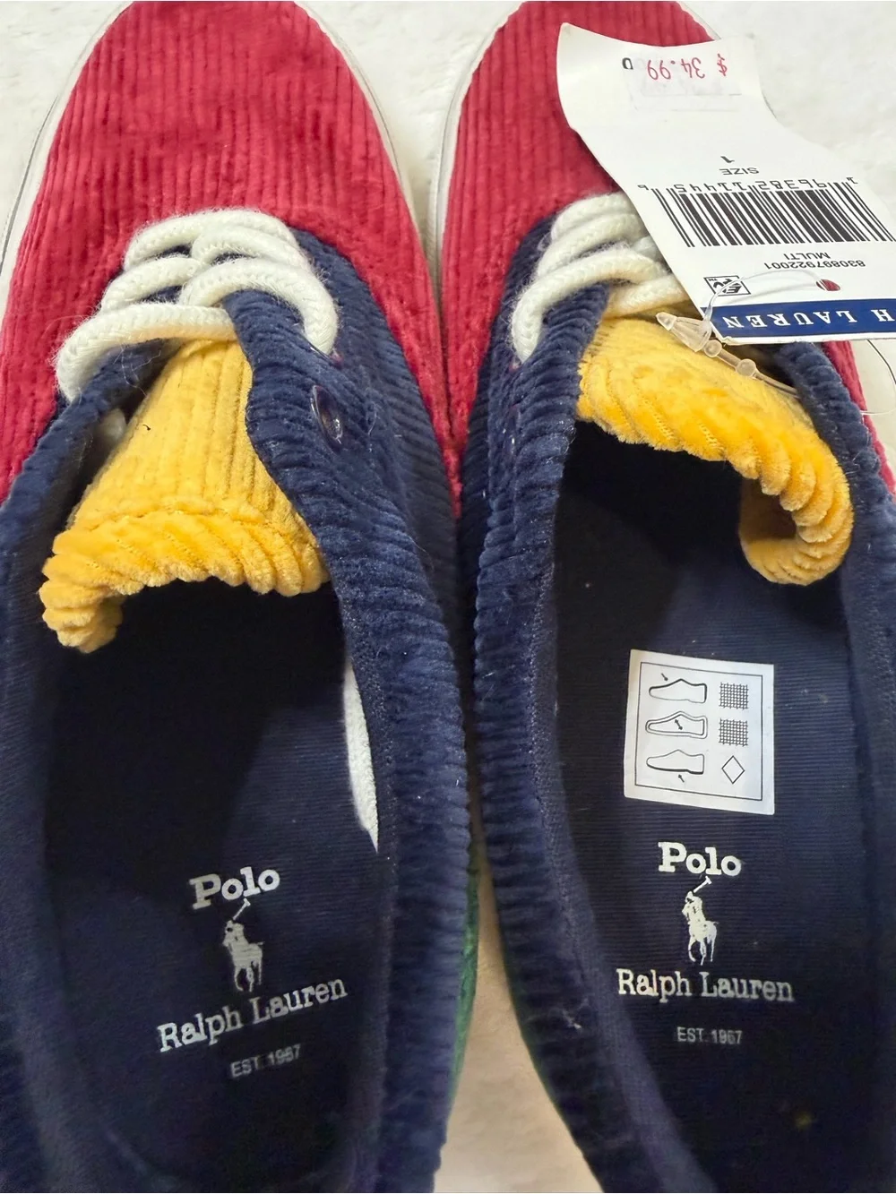 Polo by Ralph Lauren Kids Corduroy Sneakers in Red, Navy & Yellow
